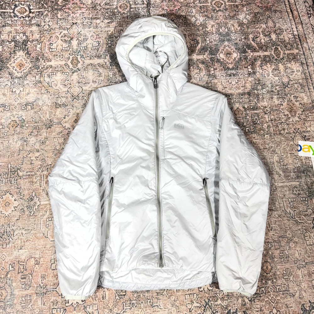 REI Co-op Jacket Women's S Gray Puffer Full-Zip Hooded Travel Camping Skiing